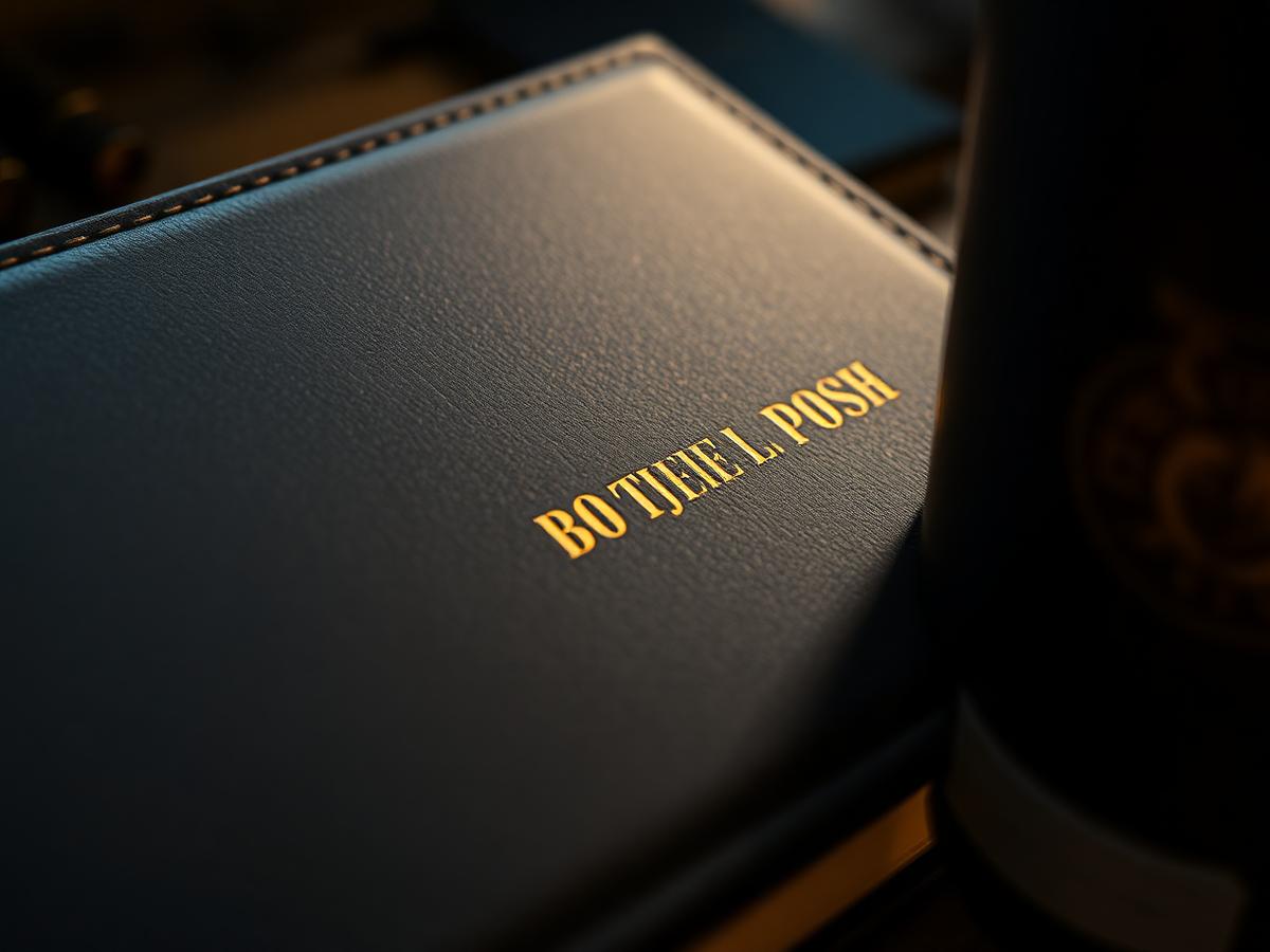 Close-up of gold foil branding and laser engraving on a premium leather notebook